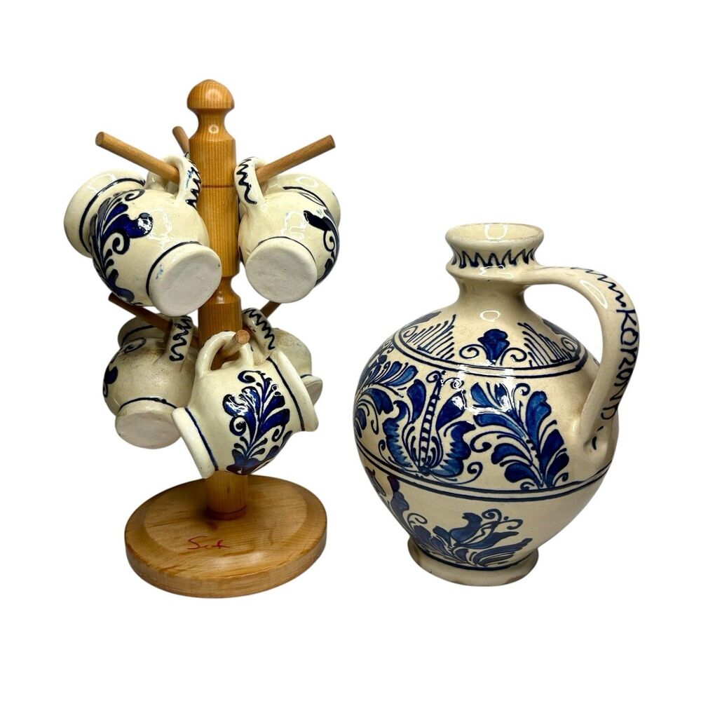 Vintage Korond Transylvania Folk Art Pottery Jug 9" & Wood Mug Tree W/ 6 Cups